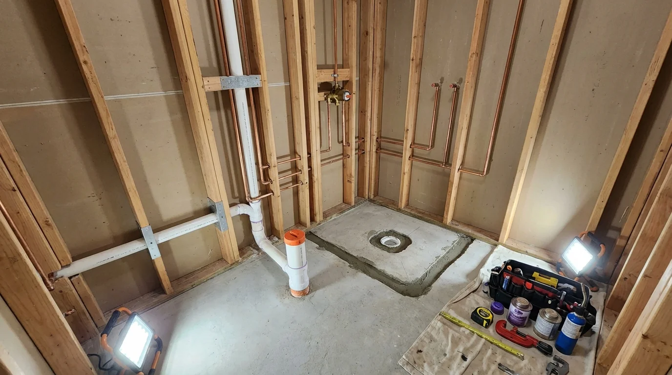 Bathroom rough-in plumbing during remodel by Johns Plumbing LLC in Selmer