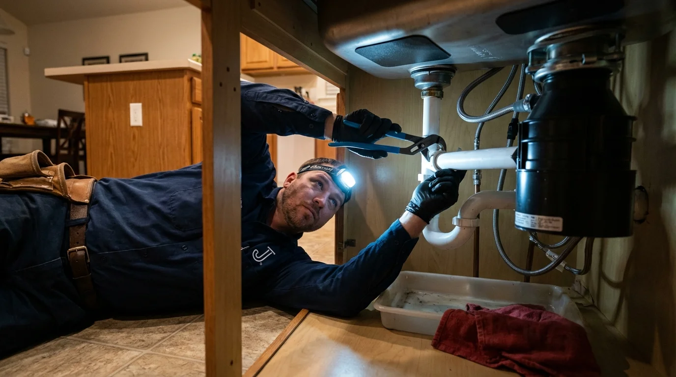 P-trap and supply line connections under a kitchen sink showing a common leak point in Selmer, TN